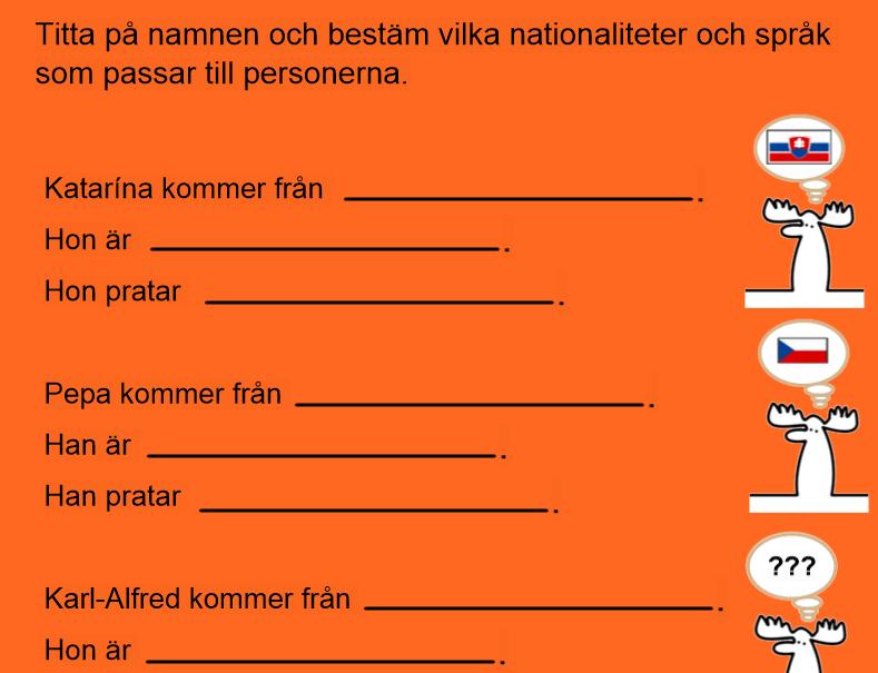 6.2.2.3 Övningar till Annat A) Länder, nationaliteter och språk Den långa övningen Länder, nationaliteter och språk har som syfte att grundligt träna studenternas kunskaper i ordförrådet från