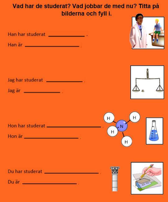 C) Ämnen och yrken Övningen Ämnen och yrken består av fem uppgifter och för att skapa den använde jag verktygen Text, Linje och olika bilder som jag hittade i galleriet.