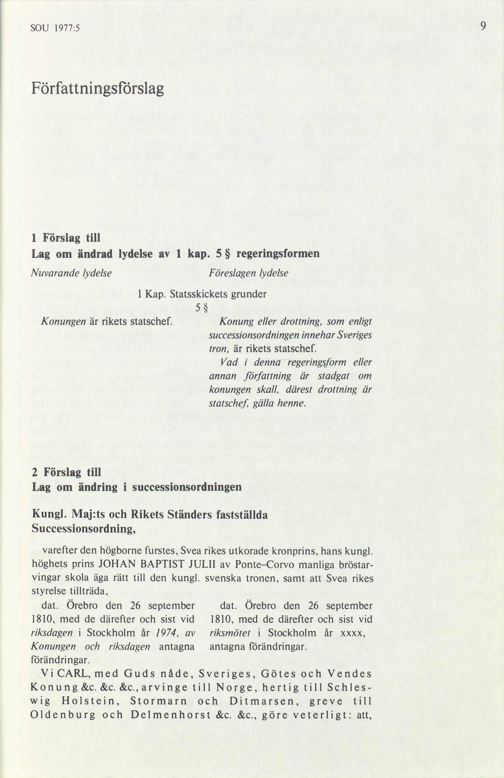 SOU 1977:5 Författningsförslag l Förslag till Lag om ändrad lydelse av l kap. 5 regeringsformen Nuvarande lydelse Föreslagen lydelse 1 Kap. Statsskickets grunder 5 Konungen är rikets statschef.