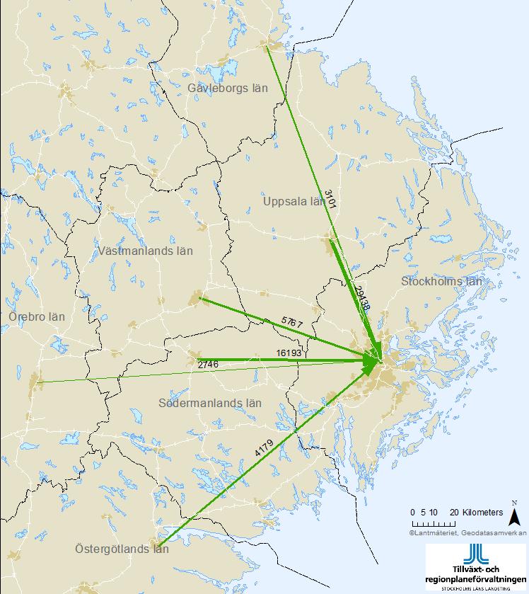 Över- och underskott på arbetstillfällen Koncentrationen av arbetstillfällen till den centrala regionkärnan innebär ett stort behov av pendling till denna, då arbetstagarna är mer utspridda i länet.