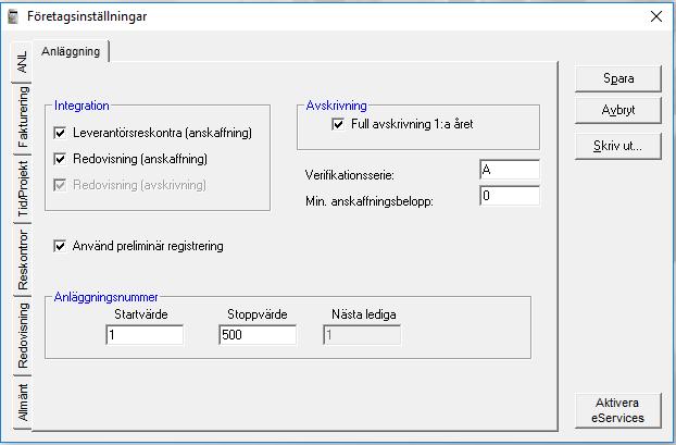 Kom igång med Integrerad Anläggningsredovisning i ekonomisystemet Företagsinställningar Du börjar med att ställa in hur du övergripande vill arbeta med programmet i menyn Arkiv -