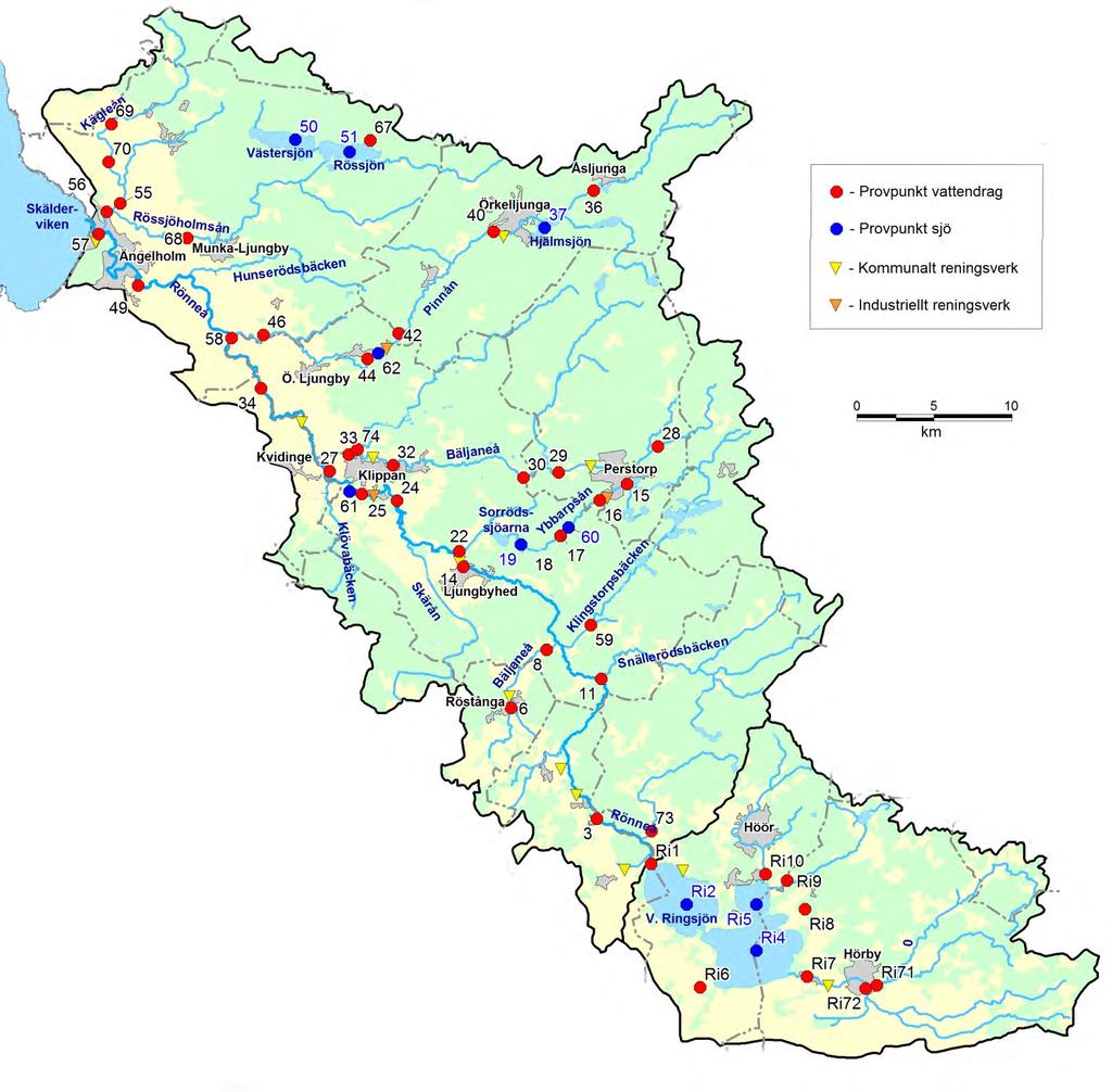 Rönne å - Vattenkontroll 212 Rönne å vattenkontroll 212-214 Det samordande vattenkontrollprogrammet för Rönne å 212 omfattar: Vattenkemi i vattendrag - 32 provpunkter i vattendrag och 7 i sjöar
