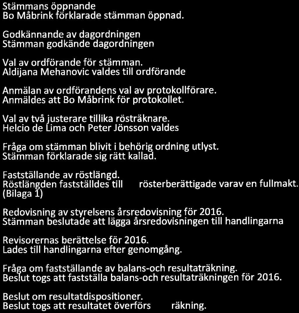 PROTOKOLL FRÅN FÖRENINGSSTÄMMAN i Brf. Solstrålen 2017-05-29 l. Stämmans öppnande Bo Måbrink förklarade stämman öppnad. 2. Godkännande av dagordningen Stämman godkände dagordningen 3.