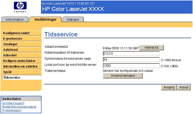 Tidstjänst Använd sidan Tidstjänst för att uppdatera produktens tid, konfigurera tidsservrar och nätverksporten och för att ange med vilket intervall produkten ska synkronisera med tidstjänst.