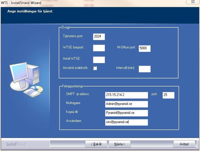 Om Pyramid WTS Installation Moduler 4.13A Ange värden: Inställning Användning Tjänstens port Den port mot vilken tjänsten ska svara. Standard är 2024. WTSE basport Första WTS-motorns portnummer.