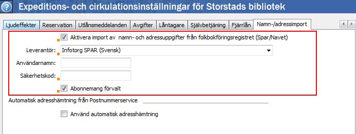 Bocka för rutan Aktivera import av namn- och adressuppgifter från folkbokföringsregistret. Välj sedan alternativet Infotorg SPAR (Svensk) i rullgardinslisten till höger om fältet Leverantör.