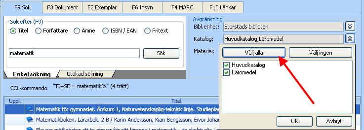 Observera att val av biblioteksenhet, katalog och material under Avgränsning är filterinställningar vid sökning i den egna katalogen, och alltså inte har