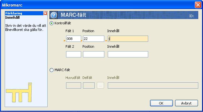 När du är färdig med urvalet, väljer du fliken Lånevillkor. Slutligen kan du skapa lånevillkor på MARC-nivå. Att knyta ett lånevillkor till specifika MARC-fält kan vara användbart om du t.ex.