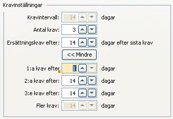 Du får då möjlighet att ställa in olika intervall för det första, andra och tredje kravet, samt för alla efterföljande krav (om du vill kunna skicka ut fler än tre).