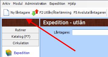 Registrera ny låntagare En låntagare kan registreras antingen från Cirkulation > Expedition eller från Cirkulation > Låntagare, med knappen Ny i knappraden. OBS!