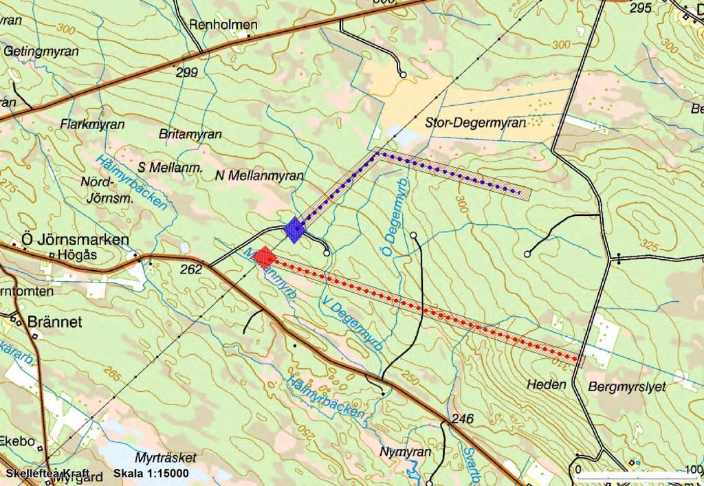 MILJÖKONSEKVENSBESKRIVNING 9(22) Figur 3 Sträckningsalternativ, Norra (blå) samt Södra (Röd). luftledning eller som ett markkabelalternativ. De föreslagna sträckningarna kan bestå av antingen 4.