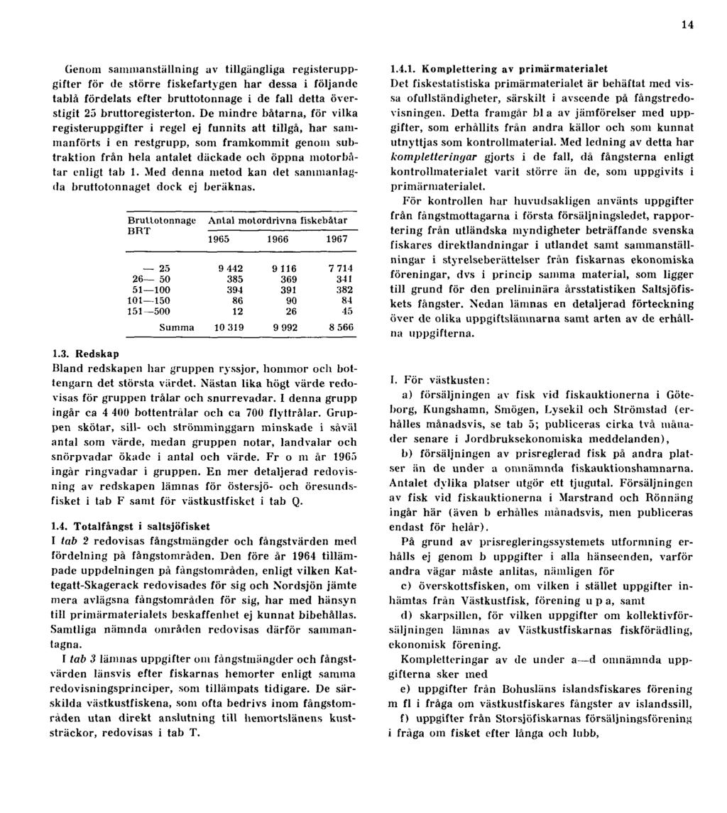 14 Genom sammanställning av tillgängliga registeruppgifter för de större fiskefartygen har dessa i följande tablå fördelats efter bruttotonnage i de fall detta överstigit 25 bruttoregisterton.