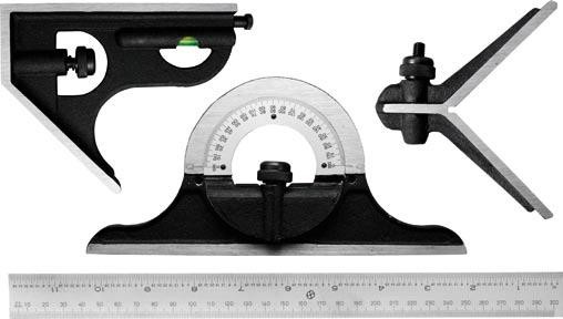 Kombinasjonsvinkelmått Vinkelmätt 0-180 med libell, mattförkromad linjal 300, vinkelhuvud med libell, centreringsvinkel.