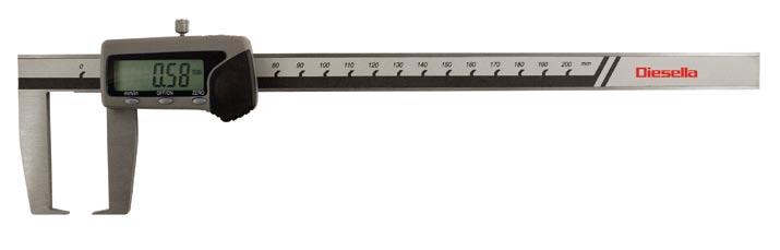 Digitalt skjutmått m. spetsa käfter DIN 862, manuell on/off, nollställningsknapp, omskiftbar mellan och tum, flat djupmått.