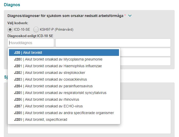 Figur 22. Ange diagnos via diagnoskod eller fritext. KSH97-P Om du markerar Primärvårdskodverket KSH97-P visas diagnoserna från detta kodverk.