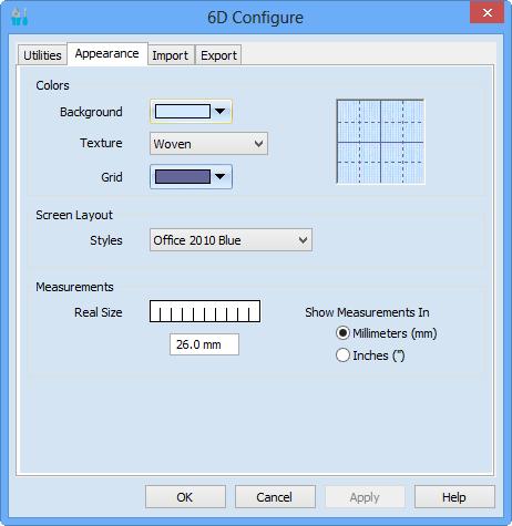 Appearance (utseende) Använd inställningarna för Appearance (utseende) för att ändra hur broderfilerna ska visas och sparas i 6D Embroidery System-programmet.