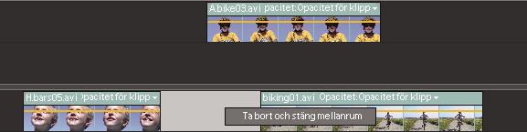 Ordna klipp i en film 96 Ta bort och stäng mellanrum gör att alla efterföljande klipp flyttas.