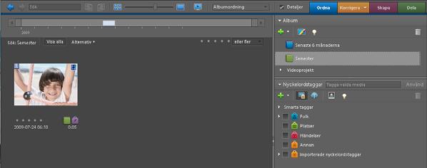 Komma igång med Adobe Premiere Elements 7 Hitta foton och videoklipp Du kan söka efter foton och videofiler efter datum, stjärngradering, album, mappsökväg, filnamn, medietyp, nyckelordstagg, text