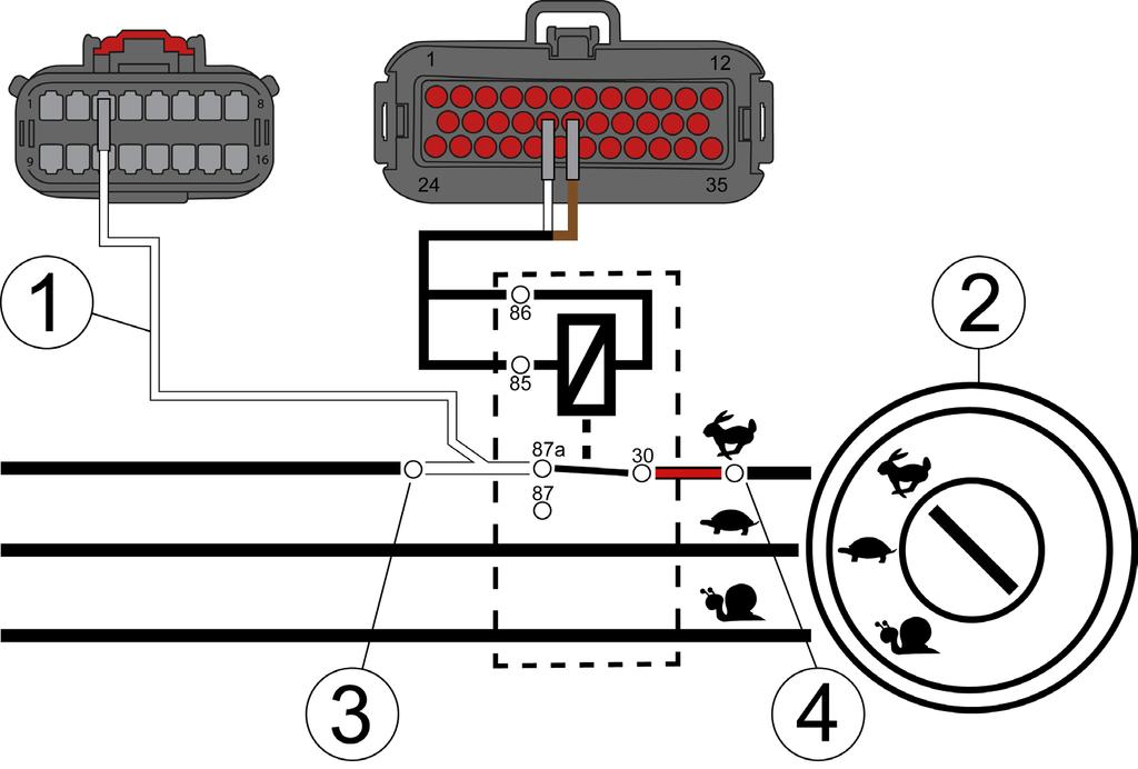 Instruktionsbok 6.6 Blockering av hjulstyrning vid högväxel Maskinen får inte gå snabbare än 20km/h med hjulstyrning. För denna maskin blockeringskabel användas.