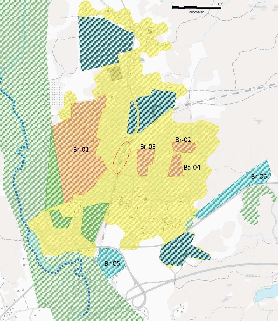 Bebyggelseutveckling Br-01 Område för ny stadsbygd, t.ex. bostäder, förskola, skola. Områdets koppling till järnvägsstationen är viktig.