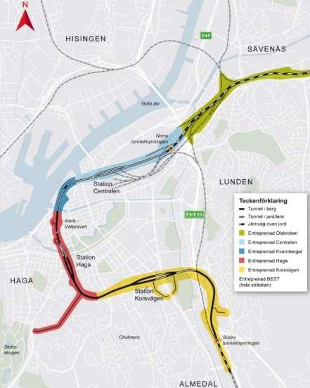 Västlänken och Olskroken planskildhet Cirka 10 km järnväg.