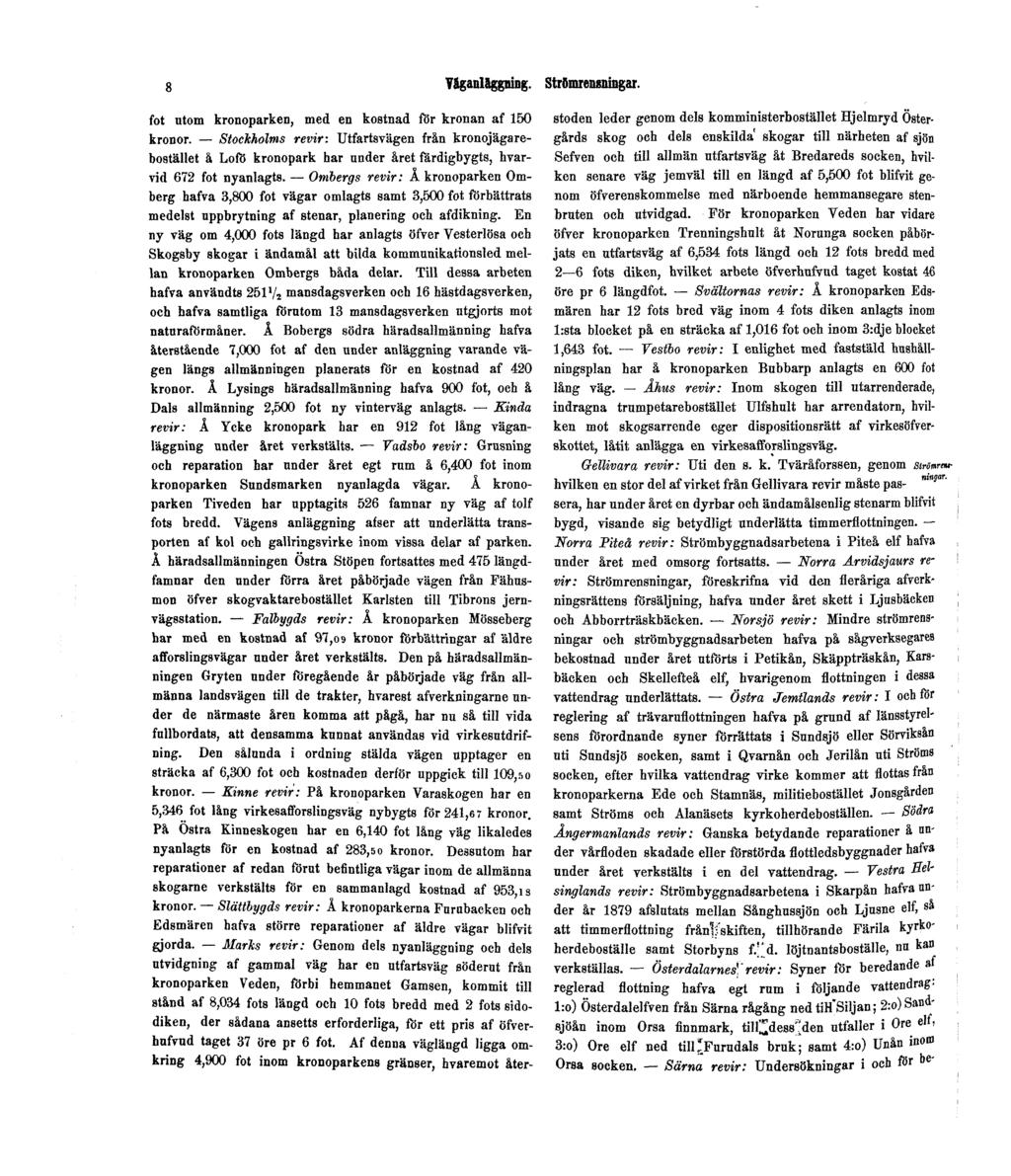 8 Väganläggning. Strömrensningar. fot utom kronoparken, med en kostnad för kronan af 150 kronor.