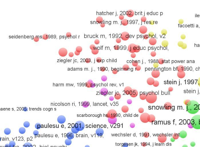 namn som Snowling som även här har många citeringar, 355 stycken. De blå klustren handlar om neurovetenskap. Hos DC handlar de gröna klustren citeringar om education psykologi.