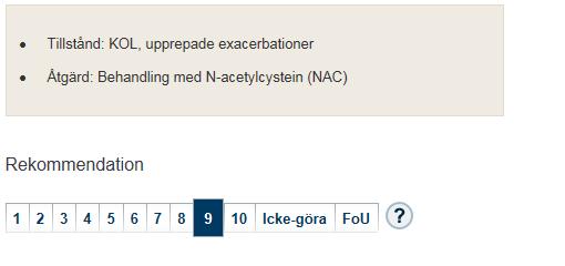 Acetylcystein(NAC) Metaanalys 2000 Stey et al visade negativt resultat vilket gjort att vi närmast upphört med NAC vid stabil KOL men Zheng et al 2014 Lancet Respiratory Medicine visar i en stor