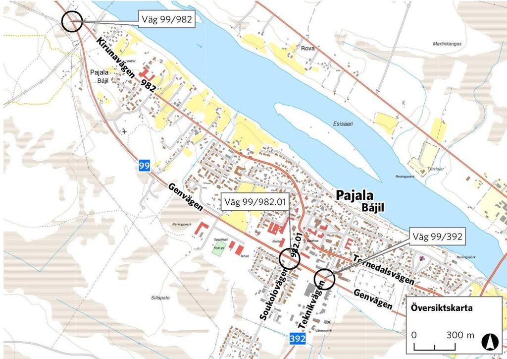 Figur 2. Översiktskarta över Pajala, de aktuella vägkorsningarna är markerade Befintliga väg- och trafikförhållanden Pajala centralort är knutpunkt för ett flertal länsvägar.