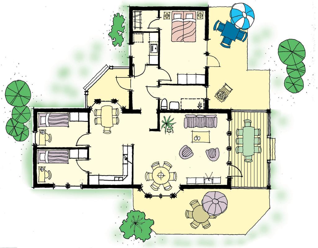 FAVORIT 109 Byggyta: 108,3 m 2 Boyta: 95,4 m 2 Terrass under tak: 13,0 m 2 Övriga terrasser är tillval Klk 2,2 INV 6,6 Tvätt 3,8 VVB ST 14,4 5,0 L WC 5,1 L 7,9 L Kök/Matplats 17,3 Storstuga 28,4 INV