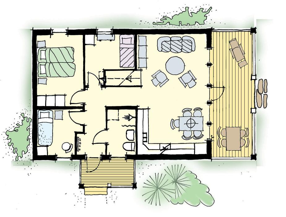 Direktutgång till den härliga terrassen under tak. Dessutom generöst loft över de tre sovrummen, hallen och bad/wc.