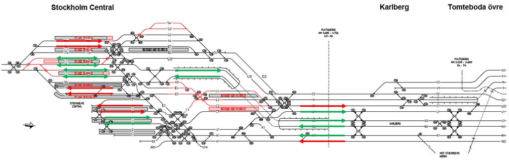 Figur 14: Stockholm Central, tänkbar ombyggnad samt två nya tågspår Stockholm C-Karlberg som totalt medger tre parallella in- och utfarter.