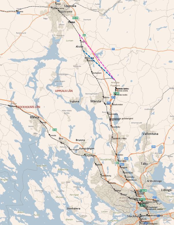 4.5.2. Infrastrukturåtgärder 2040-A Redan i 2030-scenarierna beskrivs de val av alternativa sträckningar som bör utredas vid en spårutbyggnad på sträckan Knivsta-Uppsala.