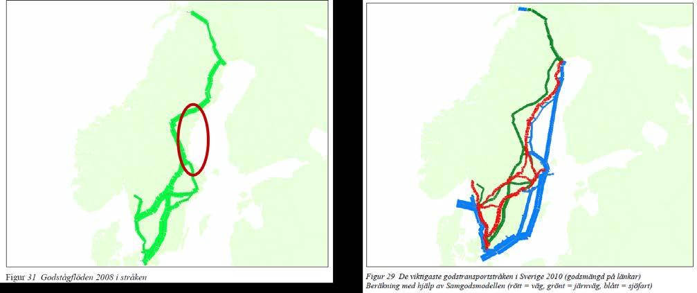 25 av 53 Ostkustbanan en otillräcklig länk I figur 13 beskrivs godsflöden på järnväg i den vänstra kartan och större godsflöden i landet i den högra.