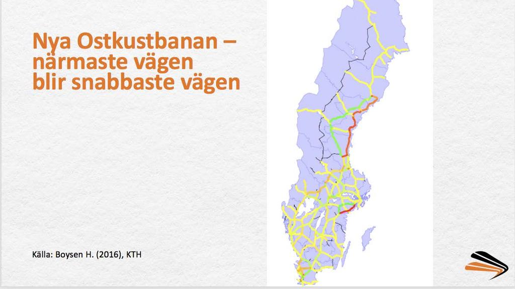 29 av 53 Figur 17. Nya Ostkustbanan innebär den största potentiella förkortningen av godstransporter i landet genom att man undviker omledning via Norra stambanan.