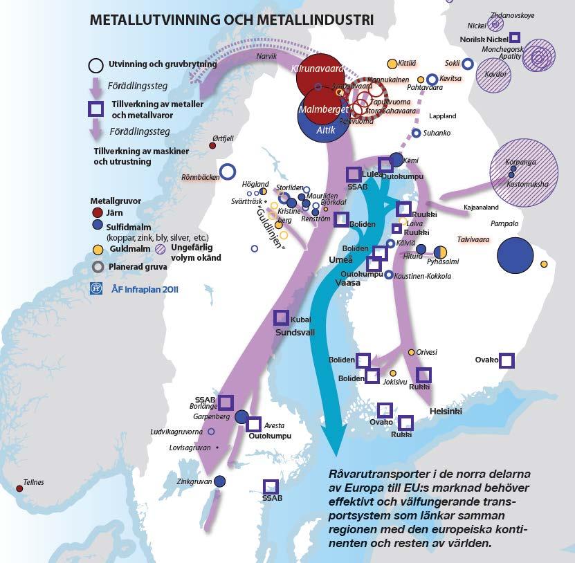 41 av 53 Figur 22. Metallindustrin präglar stora delar av transportflödena i Botniska korridoren. Nya Ostkustbanans potential för dessa flöden är tydlig. Källa: Botniska korridoren (2011).