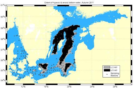 3). Akut syrebrist påträffas från djup överstigande 50-80 m och helt syrefria förhållanden påträffas från djup överstigande 70-90 m. Fig. 3.