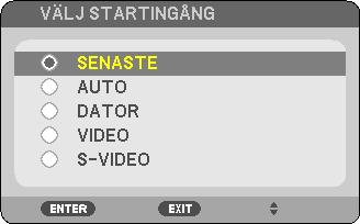 Val av standardkällan 3. Projicera en bild (Enkel användning) Du kan ange en källa som standardkälla så att denna källa alltid väljs när strömmen till projektorn slås på. 1. Tryck på MENU-tangenten.