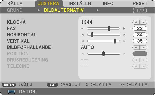 6. Använda skärmmenyn [BILDALTERNATIV] Justera klockfrekvens och klockfas [KLOCKA/FAS] Med den här