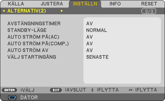 Aktivera eller avaktivera WXGA-läge [WXGA-LÄGE] 6. Använda skärmmenyn Om du väljer [PÅ] prioriteras en WXGA-signal (1280 x 768) som känner igen en ingångssignal.