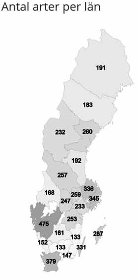 Artdatabanken Fig. 3. Antal rödlistade svamparter i olika län 2015.