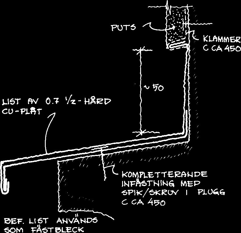 Vid fasadrenoveringar finns ofta önskemål om mindre höjd på beslagens uppdragning än de 100 mm som föreskrivs i Hus AMA 98. I extremfall vill man putsa ända ned till den hori- Figur 10.
