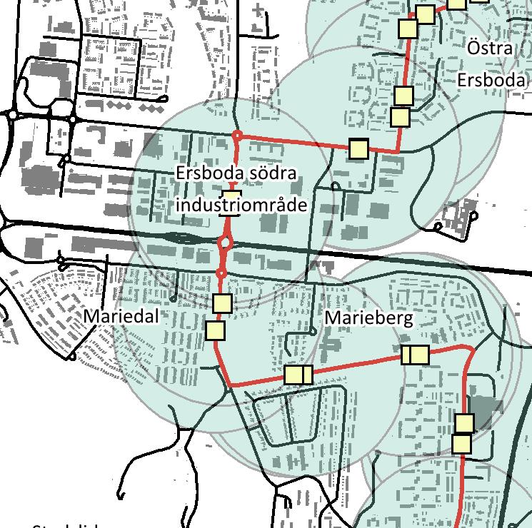 Figur 3: 10 % parkeringsreducering Utdrag från kollektivtrafikens busslinje 1.