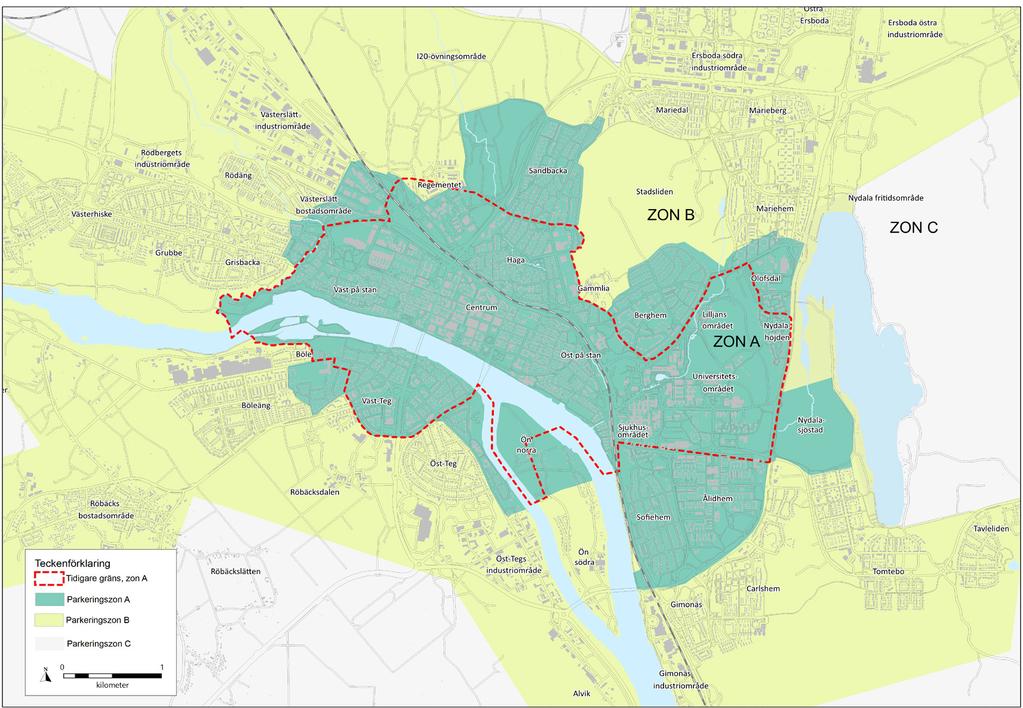 Zon B Avgränsningen av Zon B som gjordes i Fördjupning för Umeå daterad 2011, forsätter gälla. Zon B utgörs av alla stadsdelar inom tätorten som inte omfattas av zon A.