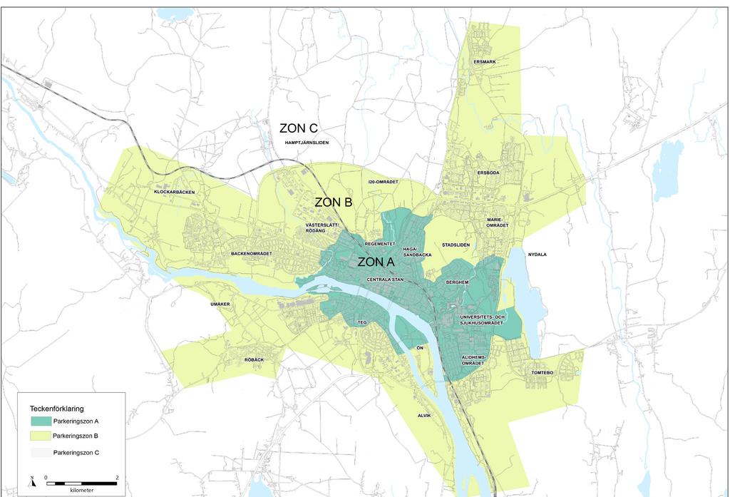 Figur 2: Parkeringszoner Zonindelning. Zon A motsvarar centrala stadsdelarna, zon B motsvarar resterande del av tätorten, zon C motsvarar övriga delar av kommunen.