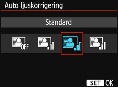 I baszonens metoder ställs [Standard] in automatiskt. 1 2 Välj [Auto Lighting Optimizer/ Auto ljuskorrigering].