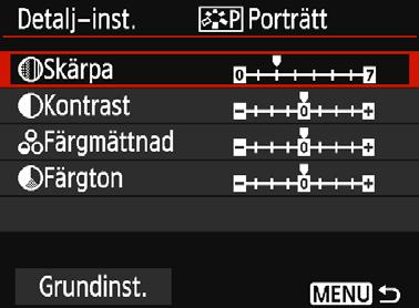 A Anpassa bildegenskapern Du kan anpassa en bildstil genom att justera enskilda parametrar, till exempel [Skärpa] och [Kontrast] från standard.