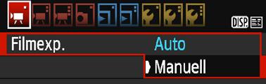 1 Det hörs ett ljud från reflexspegeln och sedan visas bilden på LCD-skärmen. Välj [Filmexp.]. 2 Tryck på knappen <M> och på fiken [k1] välj [Filmexp.] och tryck sedan på <0>. Välj [Manuell].