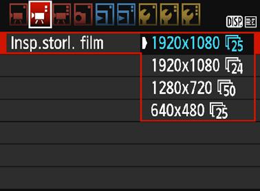 3 Ställa in filminspelningsstorlek Med alternativet [k2: Insp.storl. film] kan du välja filmens bildstorlek [****x****] och bildhastighet [9] (bilder inspelade per sekund).