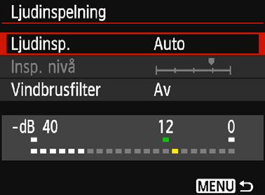 nivå] [Auto] : Ljudinspelningsnivån justeras automatiskt. Automatisk nivåkontroll fungerar automatiskt som svar på ljudnivån. [Manuell] : För avancerade användare.